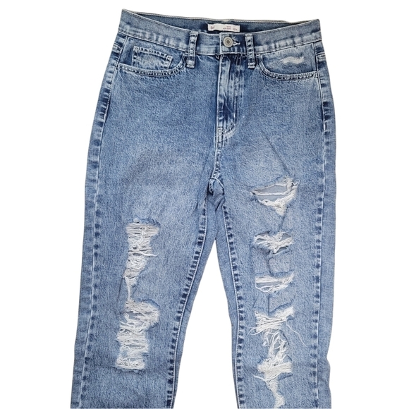 Junior's SO High Rise Distressed Mom Jeans in Medium Acid Deconstructed - Picture 5 of 10